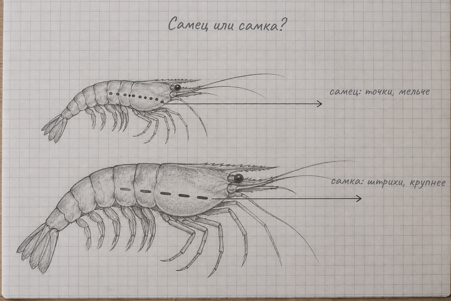 Как отличить самку креветки амано от самца по рисунку на боку и размеру